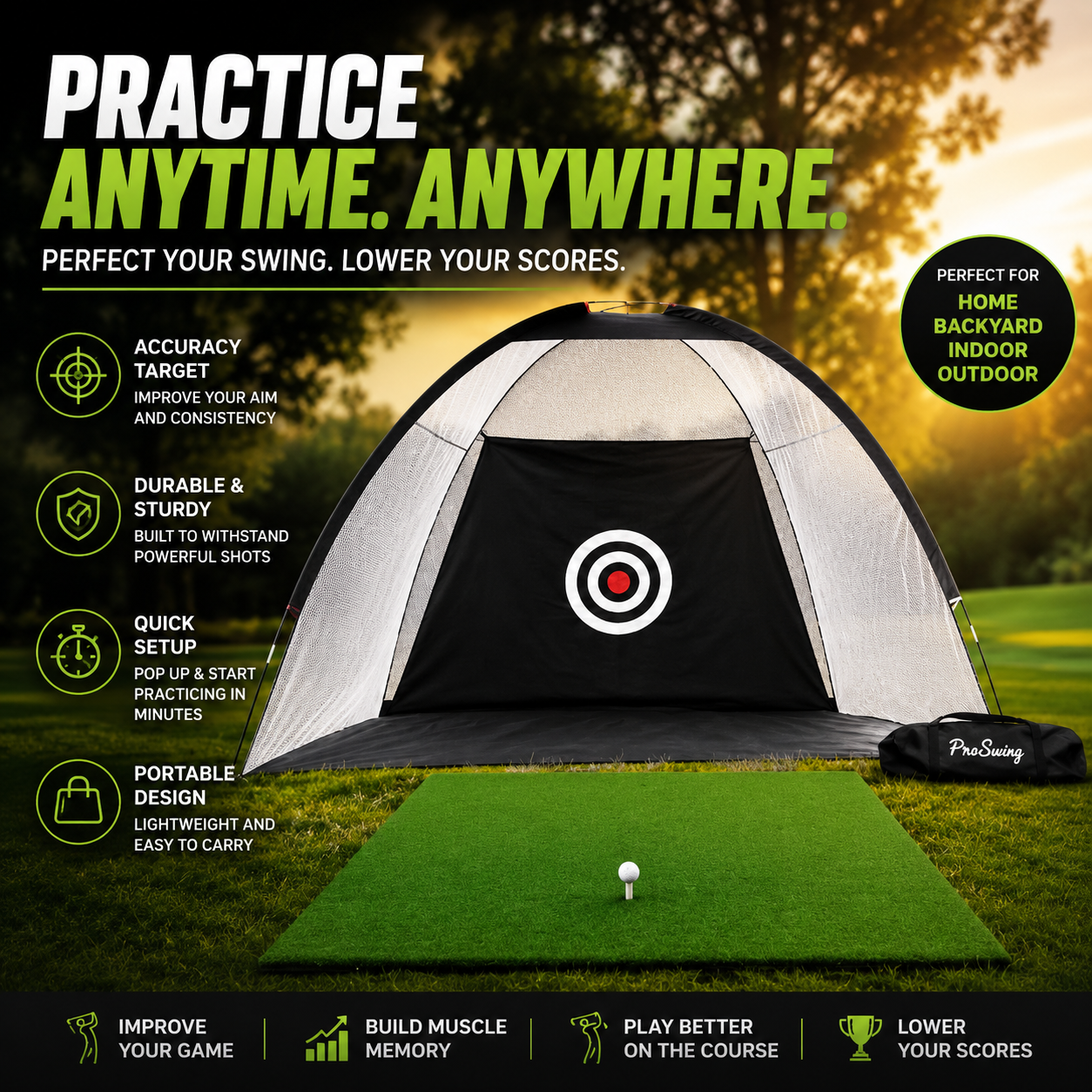 SwingPros Golf Practice Net – Portable Hitting Cage for Backyard & Garage