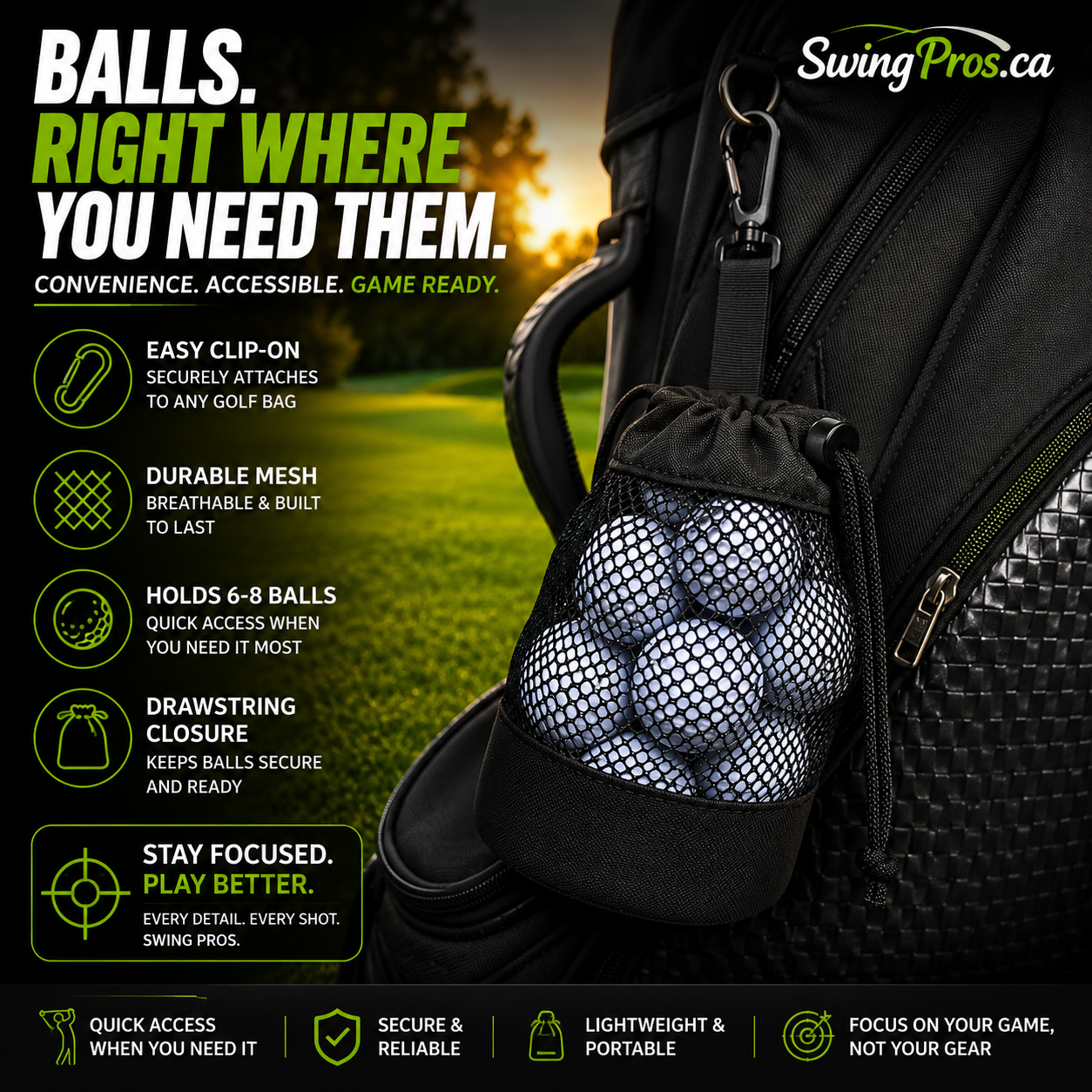SwingPros Golf Ball Mesh Bag – Drawstring Carry Bag for Practice Balls